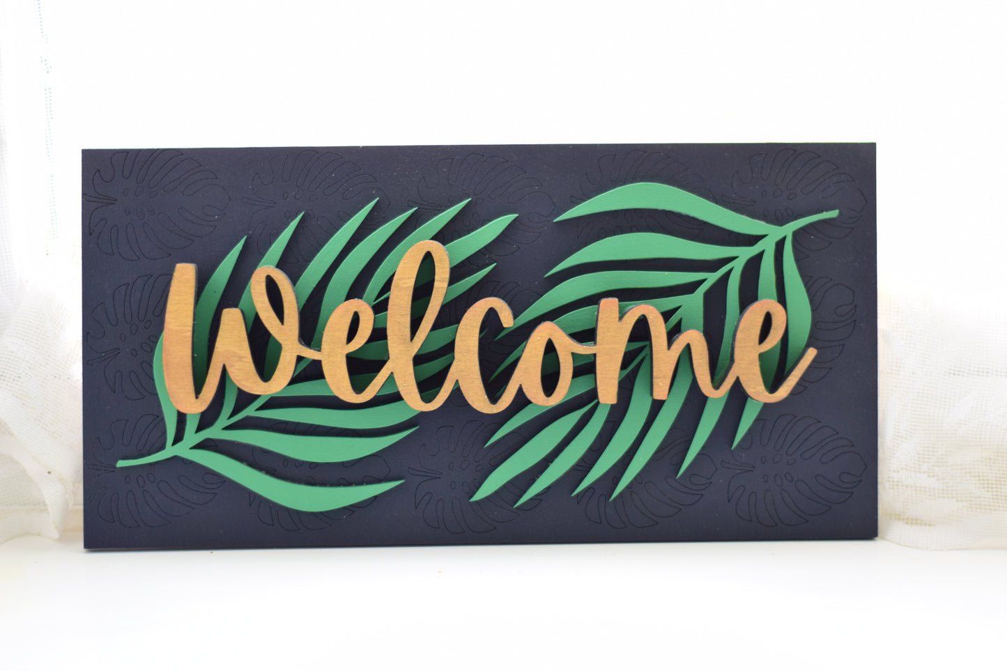 Black or Midnight Blue Rectangle 3D Welcome Sign with Green Leaf Detail and Monstera Plant Detail