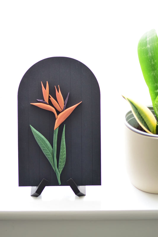 3D Bird of Paradise Wooden Art on a Midnight Blue Background with Stand
