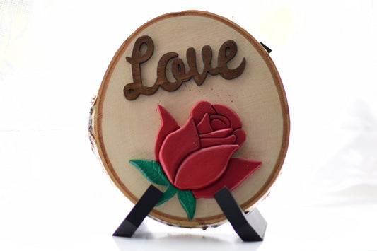 3D Red Rose with Love, on a Birch Wood Slice with Stand