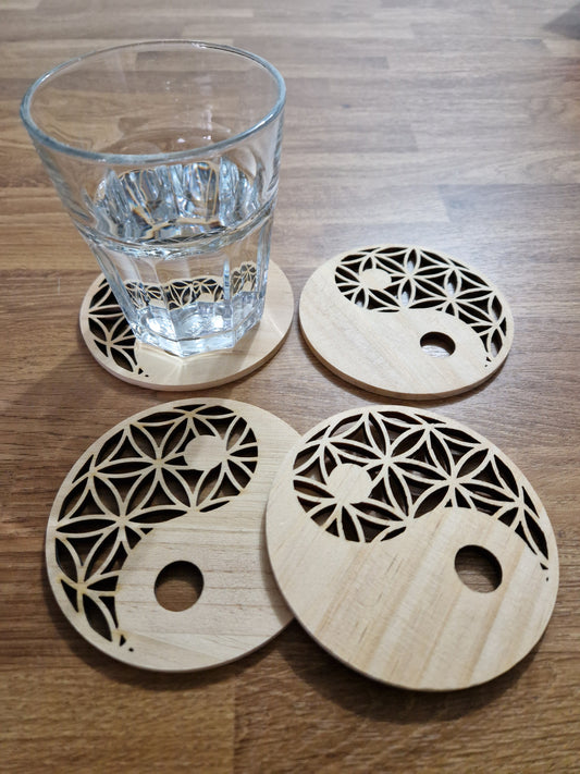 Yin and Yang Flower of Life Wooden Cut Coaster set