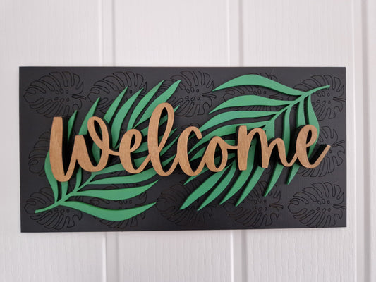Black or Midnight Blue Rectangle 3D Welcome Sign with Green Leaf Detail and Monstera Plant Detail