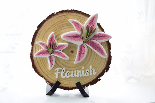 3D Lilies Wooden Art on a Natural Wood Slice with Stand