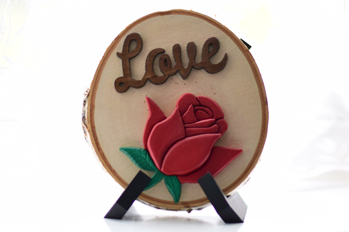 3D Red Rose with Love, on a Birch Wood Slice with Stand