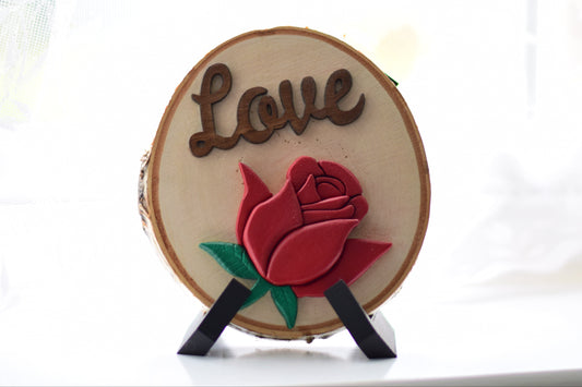 3D Red Rose with Love, on a Birch Wood Slice with Stand