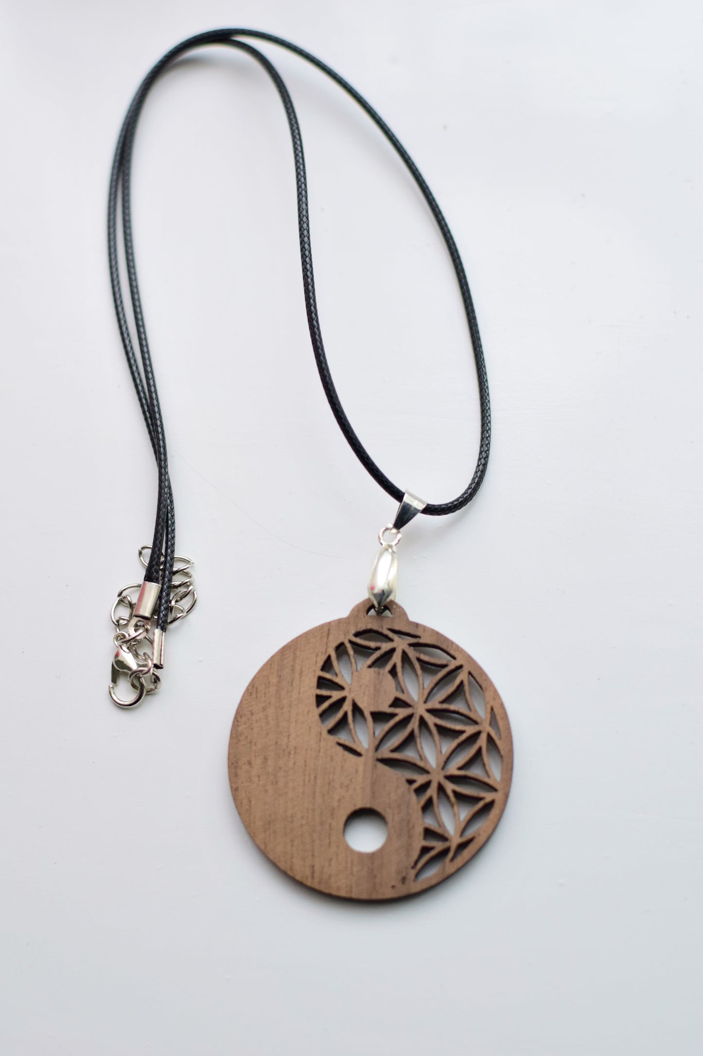 Handcrafted Walnut Wood Pendant | Flower of Life & Yin Yang