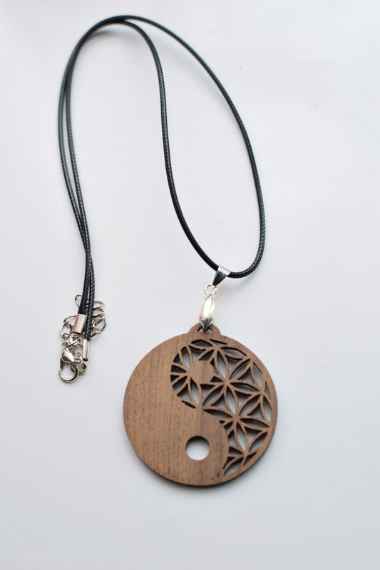 Handcrafted Walnut Wood Pendant | Flower of Life & Yin Yang