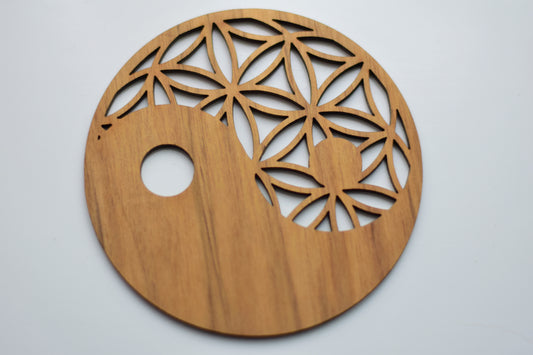 Walnut Wood Yin Yang & Flower of Life Set of 4 Coasters