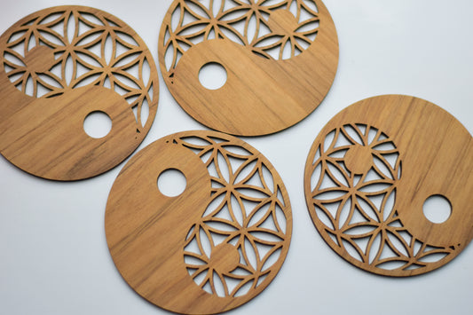 Walnut Wood Yin Yang & Flower of Life Set of 4 Coasters