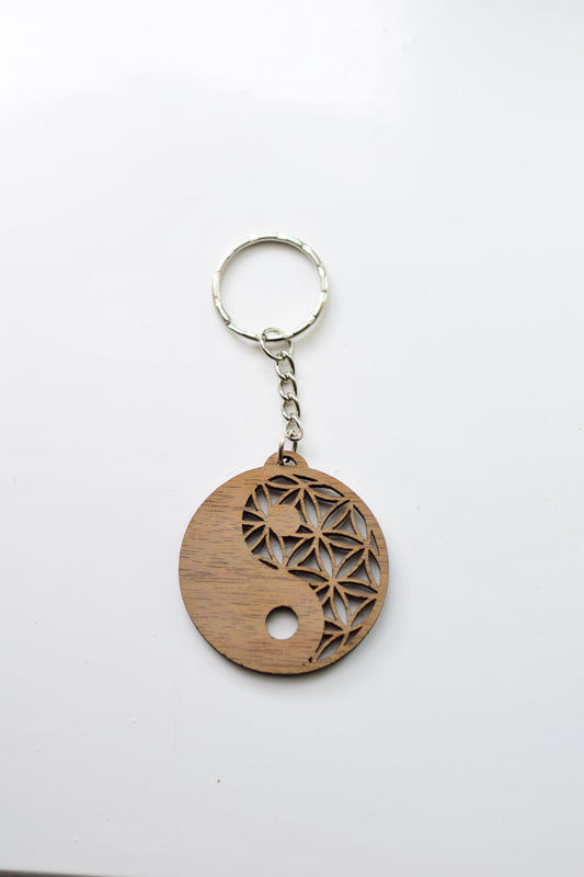 Walnut Wood Flower of Life & Yin Yang Keyrings